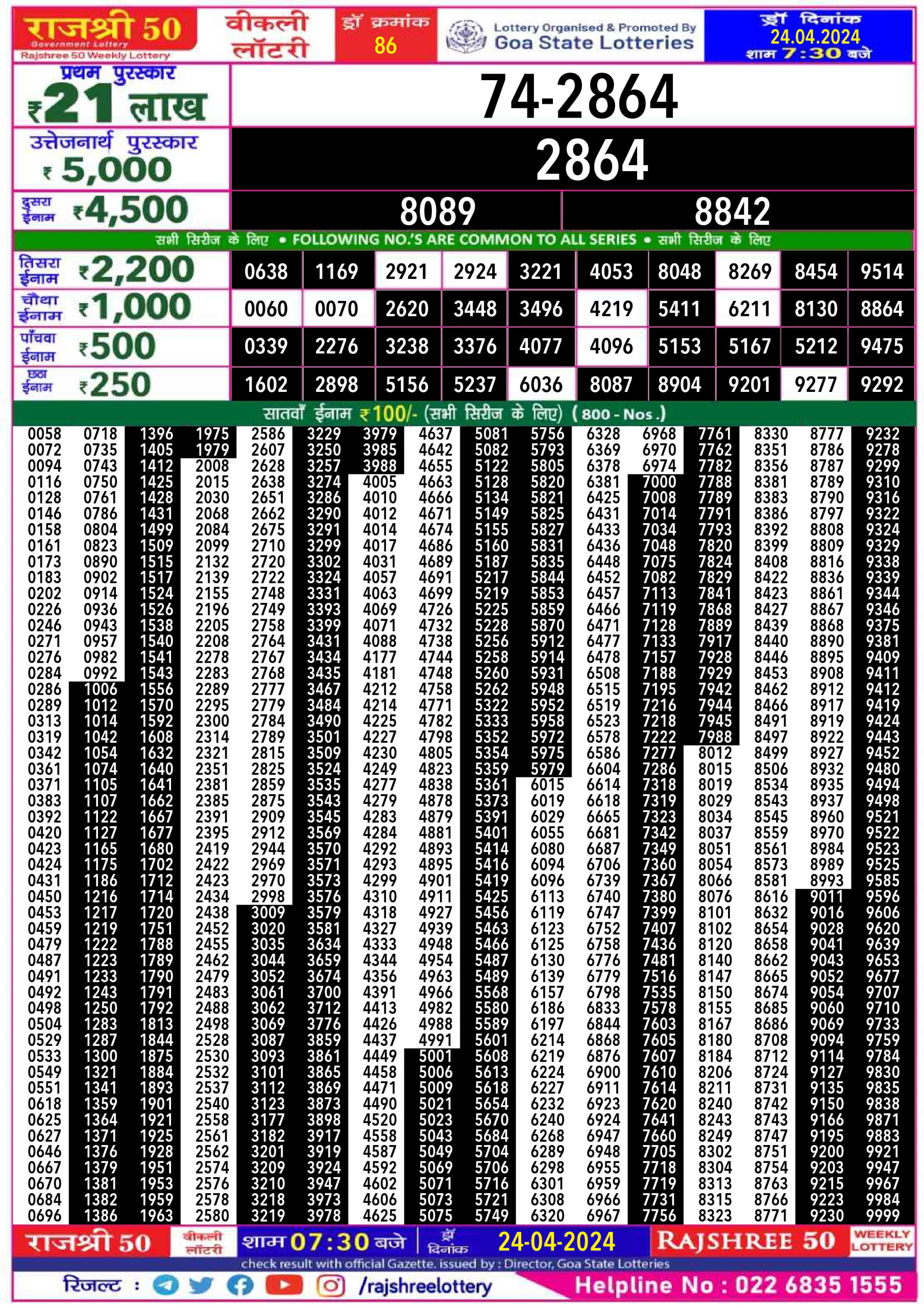 Rajshree 50 lottery weekly 7.30pm result 24-4-2024