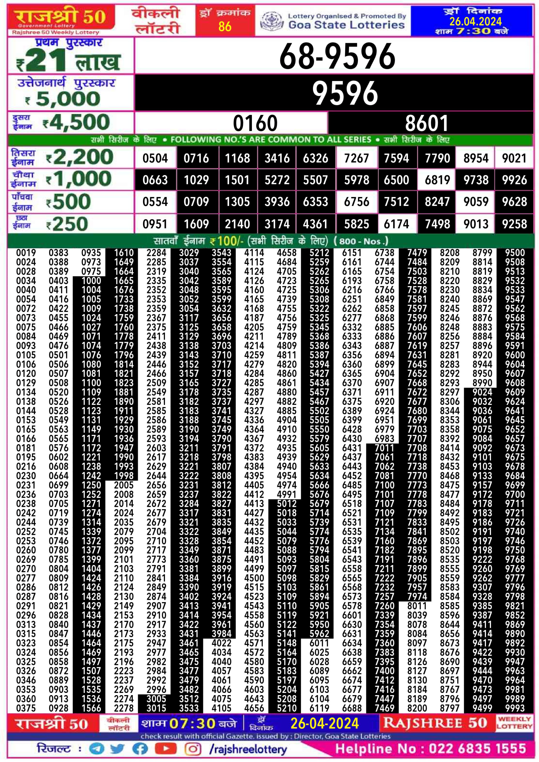 Rajshree 50 weekly lottery 7.30pm result 26/04/24