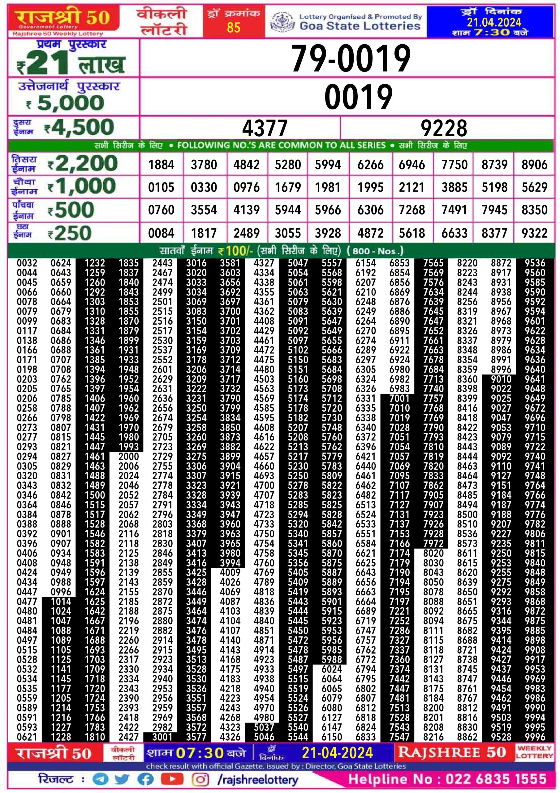 RAJSHREE 50 7.30 PM RAVI WEEKLY LOTTERY 21 April 2024