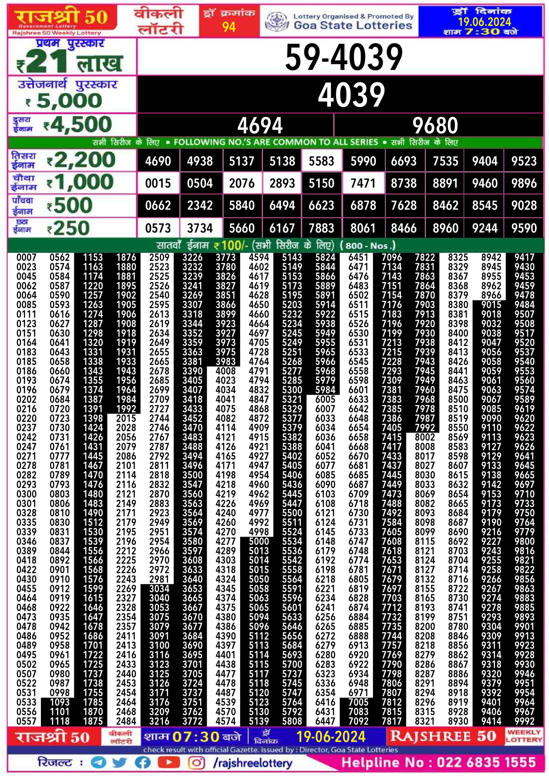 Rajshree 50 budh weekly lottery 7.30pm result 19 June 2024