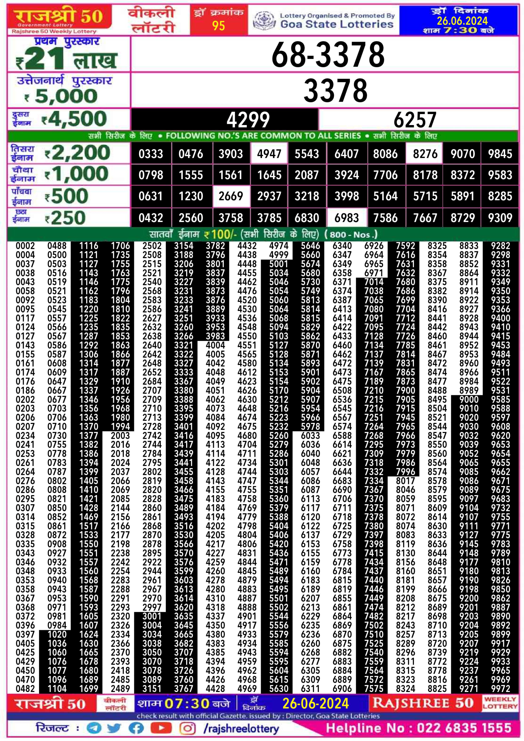 Rajshree 50 budh weekly lottery 7.30pm result 26 June 2024