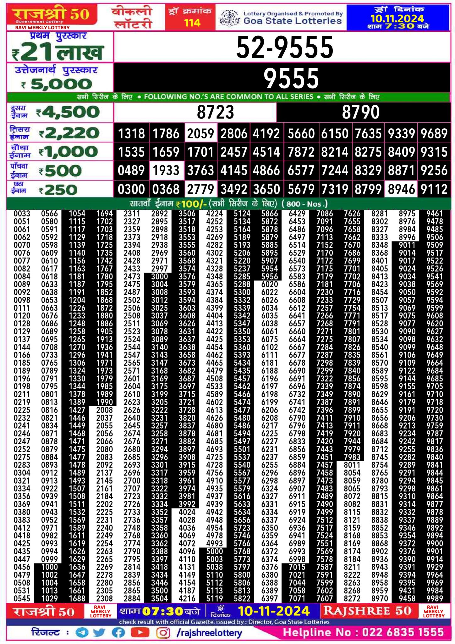 Rajshree 50 ravi weekly lottery 7.30pm result 10 November 2024 Published