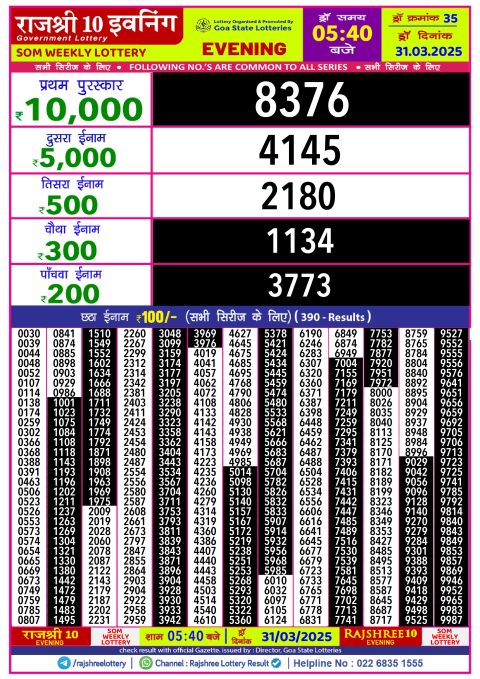 Rajshree Lottery Result Today